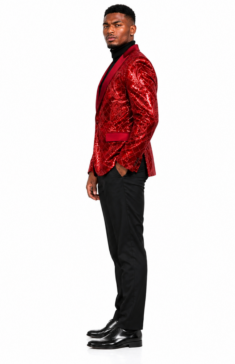 Mens Sequin Christmas Holiday Blazer – Luxury Party Jacket for New Year Jacket Sparkly Dinner Jacket in color "Crimson Red"