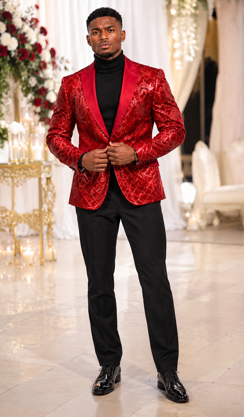 Mens Sequin Christmas Holiday Blazer – Luxury Party Jacket for New Year Jacket Sparkly Dinner Jacket in color "Crimson Red"
