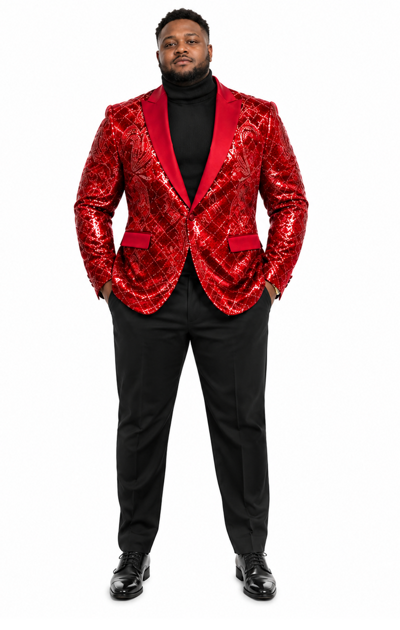Mens Sequin Christmas Holiday Blazer – Luxury Party Jacket for New Year Jacket Sparkly Dinner Jacket in color "Crimson Red"