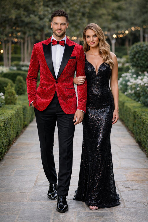 Men’s Red Velvet Studded Prom Tuxedo Jacket – Wedding and Formal Wear