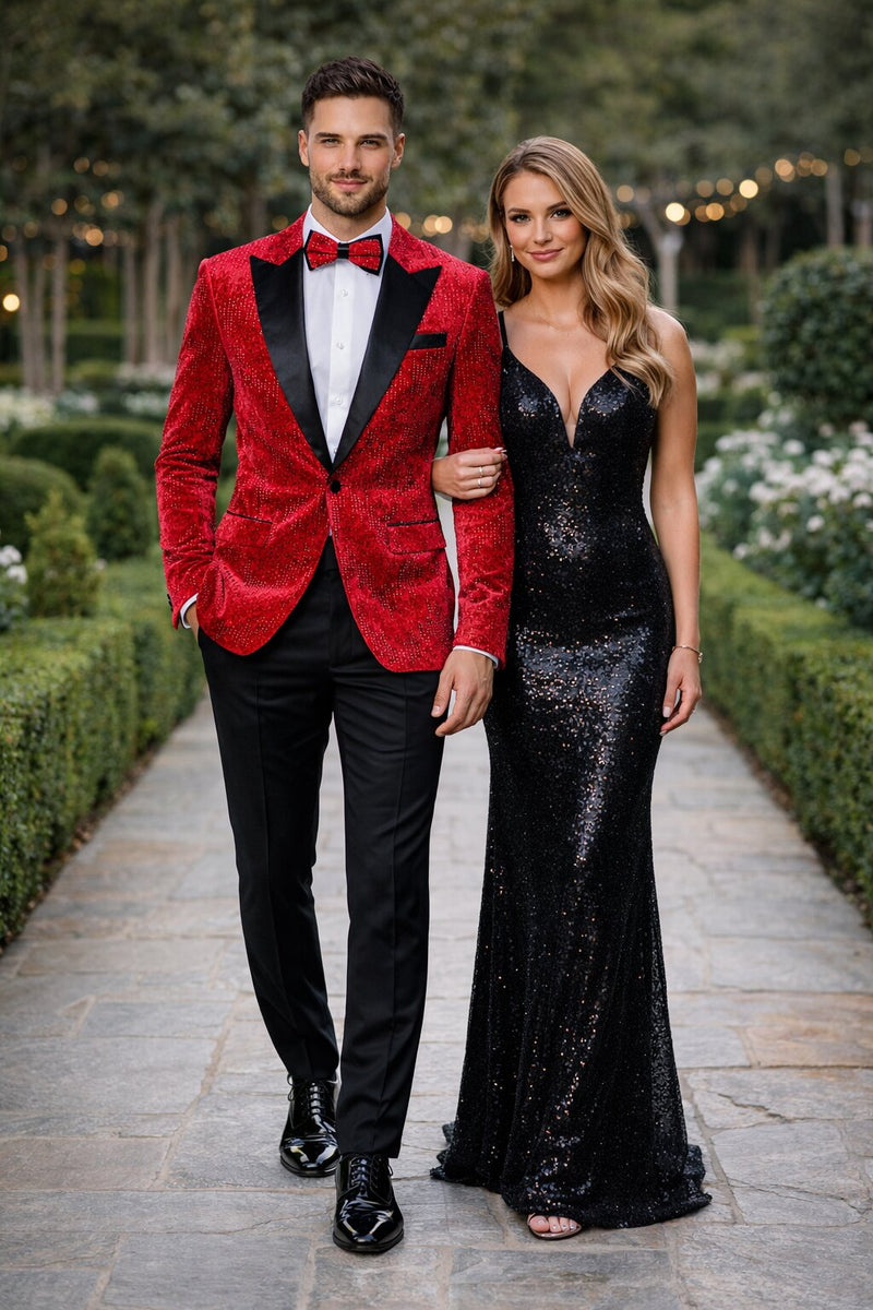 Men’s Red Velvet Studded Prom Tuxedo Jacket – Wedding and Formal Wear