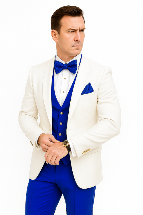 White and Royal Blue Tuxedo Wedding Suit - White Dinner Jacket + Vest + Pants + Bow-tie