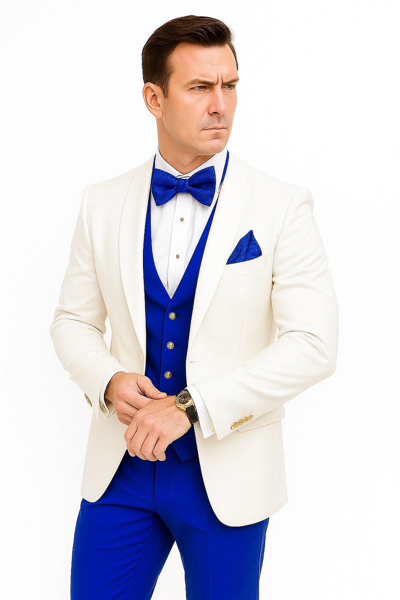 White and Royal Blue Wedding Suit – White Dinner Jacket, Vest, Pants & Bow Tie