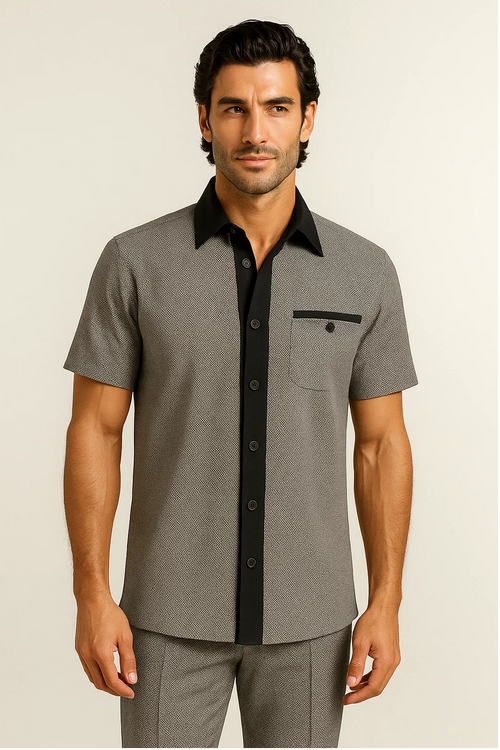 Men's houndstooth walking suit: short-sleeve button-up shirt (black collar, pocket) and matching pants. Black & white textured houndstooth fabric.
