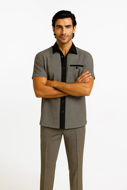 Men's houndstooth walking suit: short-sleeve button-up shirt with black collar and pocket, plus matching straight-cut pants. Black and white houndstooth pattern.
