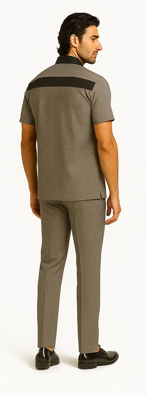 Men's houndstooth walking suit: short-sleeve top & slim-leg trousers. Black & white houndstooth pattern. Top has solid black back panel. Smooth, structured fabric.
