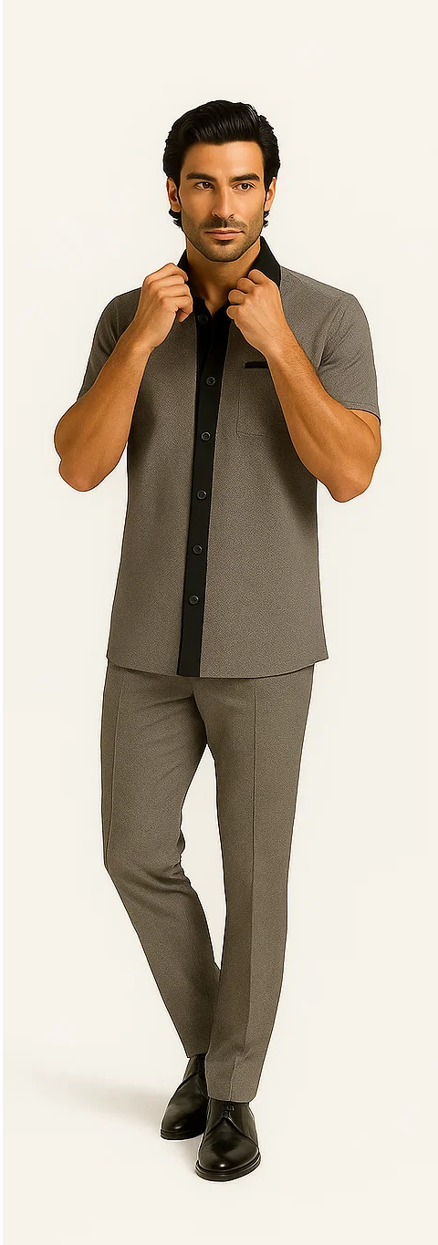 Men's houndstooth walking suit: short-sleeve gray houndstooth shirt (black collar/buttons) & slim-fit plain gray pants.
