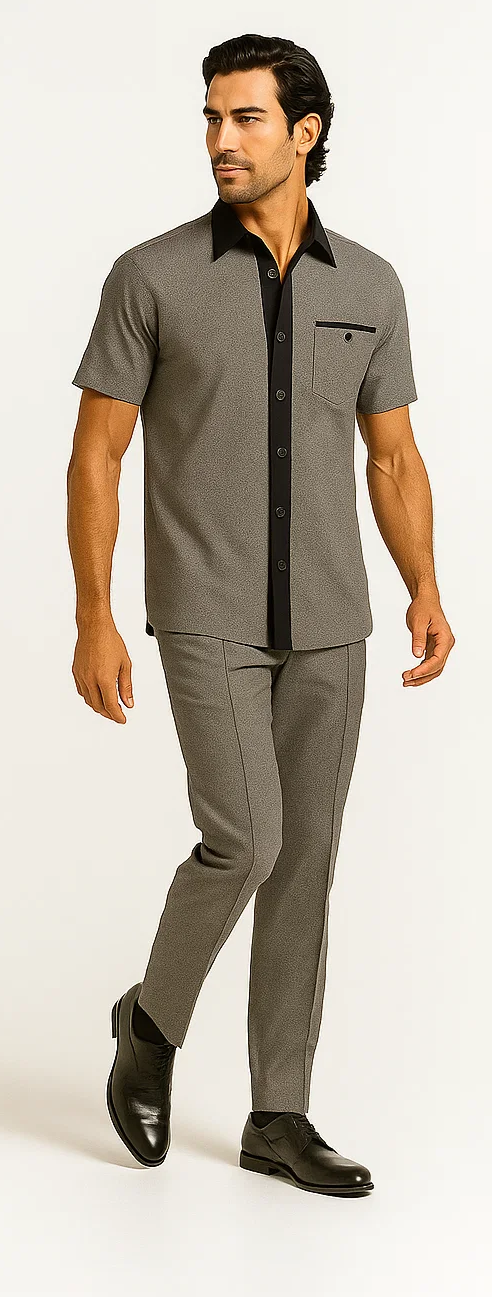 Men's tailored houndstooth walking suit: short-sleeved shirt with light gray houndstooth, black collar, pocket; slim-fit solid light gray pants. Structured fabric.
