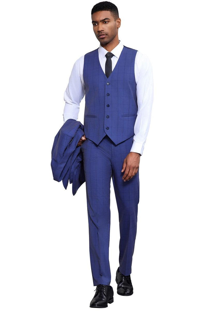 Stacy Adams modern fit suit in muted French blue. Tonal windowpane plaid, vested jacket & matching trousers. Smooth, structured fabric, tailored silhouette. Includes white shirt & black tie for contrast.
