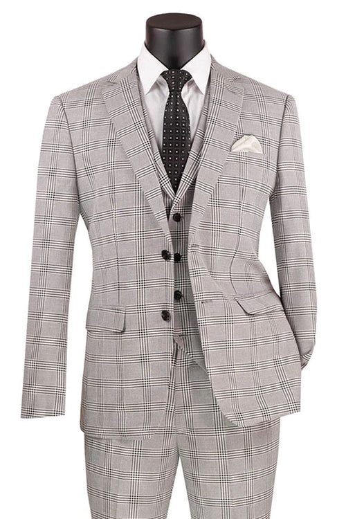 Glen Plaid Men's Slim Fit Vested Summer Business Suit - Light Grey