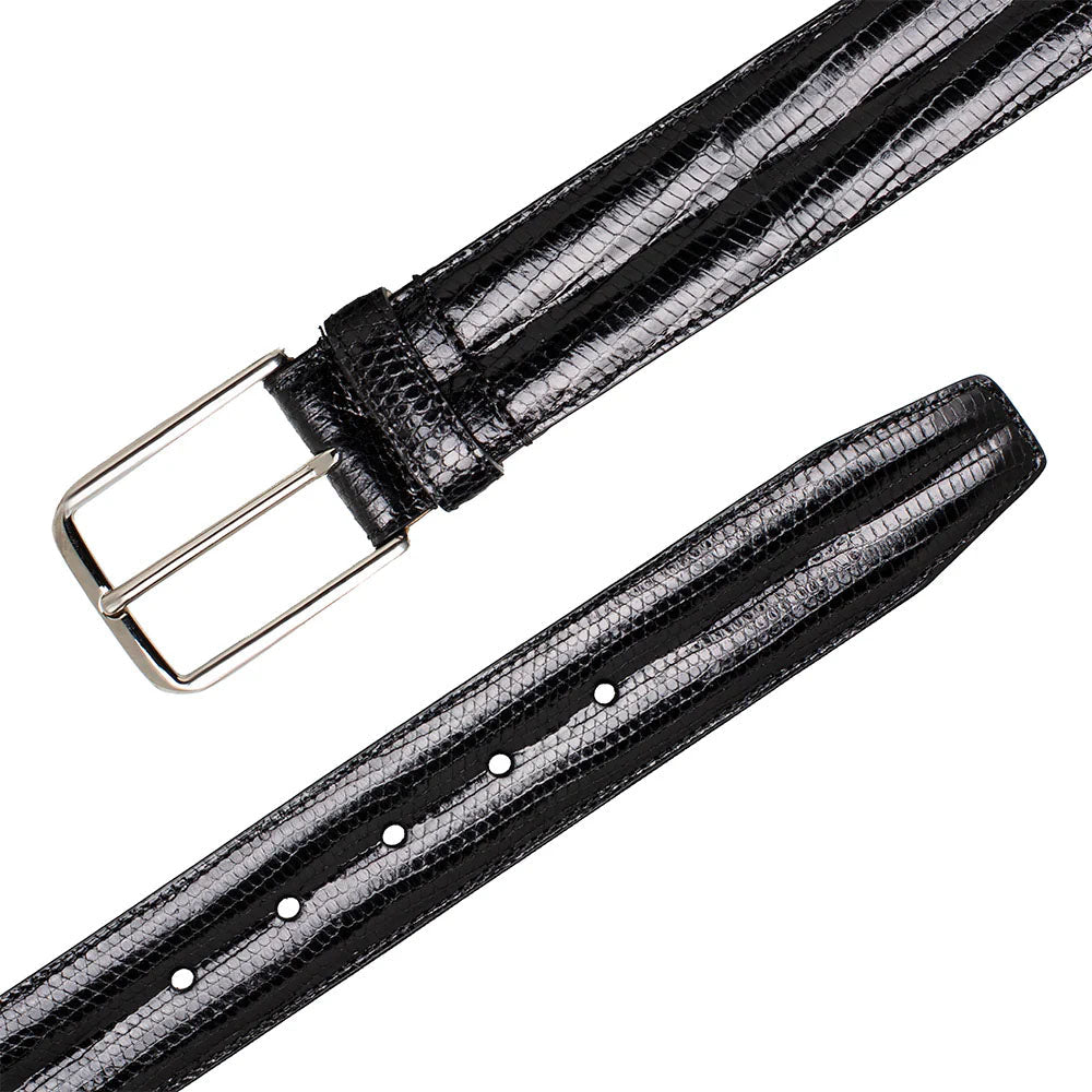 Black Mezlan lizard belt. Smooth, elongated shape with a metallic buckle. Made of shiny, textured lizard-skin leather. Evenly spaced holes for adjustment. Sleek, classic design.
