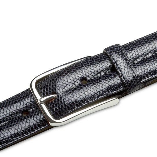 Blue lizard leather Mezlan belt with glossy finish. Silver buckle. Multiple size adjustments. Classic design.
