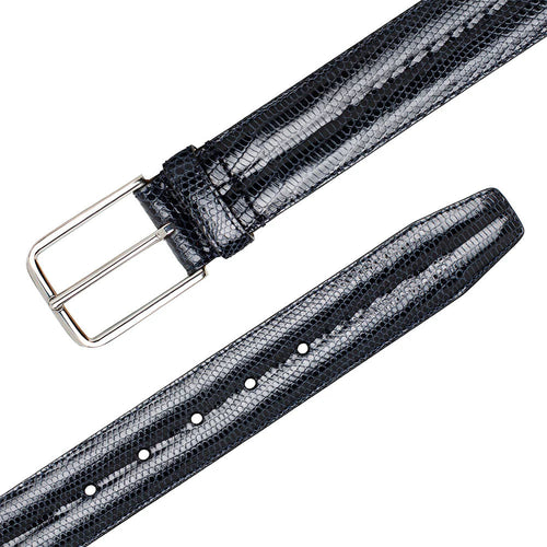 Mezlan's classic lizard belt: smooth, flat, tapered, and blue. Textured lizard skin effect. Metallic rectangular buckle. Adjustable with multiple holes.

