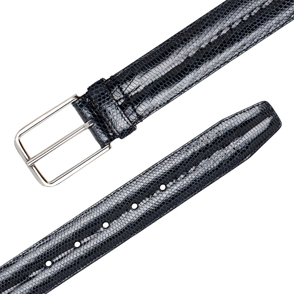 Mezlan's classic lizard belt: smooth, flat, tapered, and blue. Textured lizard skin effect. Metallic rectangular buckle. Adjustable with multiple holes.
