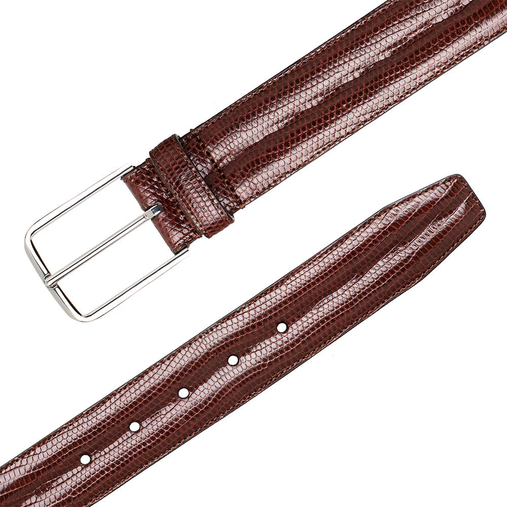 Dark brown Mezlan lizard belt. Textured lizard skin, rectangular silver buckle, wide with multiple adjustment holes and a pointed end. Classic and stylish.
