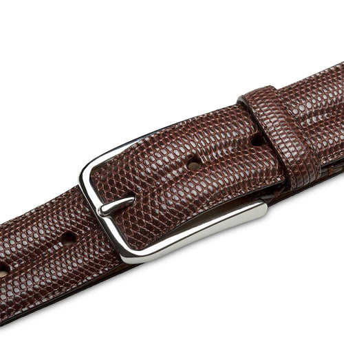 Classic Mezlan lizard belt. Brown, textured lizard skin with silver buckle. Features evenly spaced holes and a keeper for excess strap.
