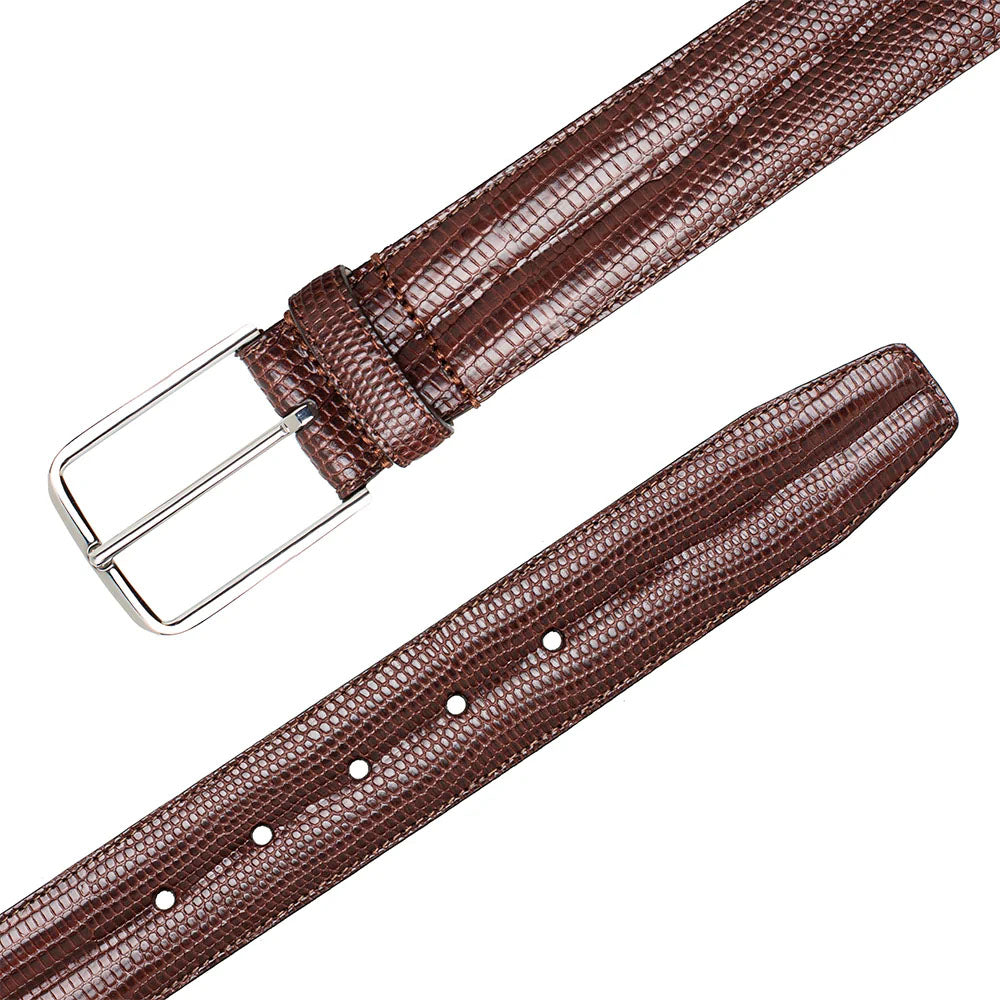 Classic Mezlan lizard belt. Wide, flat, brown with lizard skin pattern. Silver buckle, adjustable holes, and neatly stitched edges for structural integrity.
