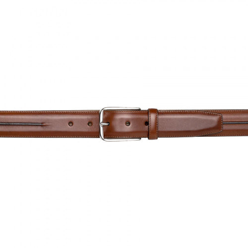 Mezlan Cognac calfskin belt with glossy finish. Features a silver-tone buckle, classic straight form, and subtle edge piping. Offers adjustable sizing.
