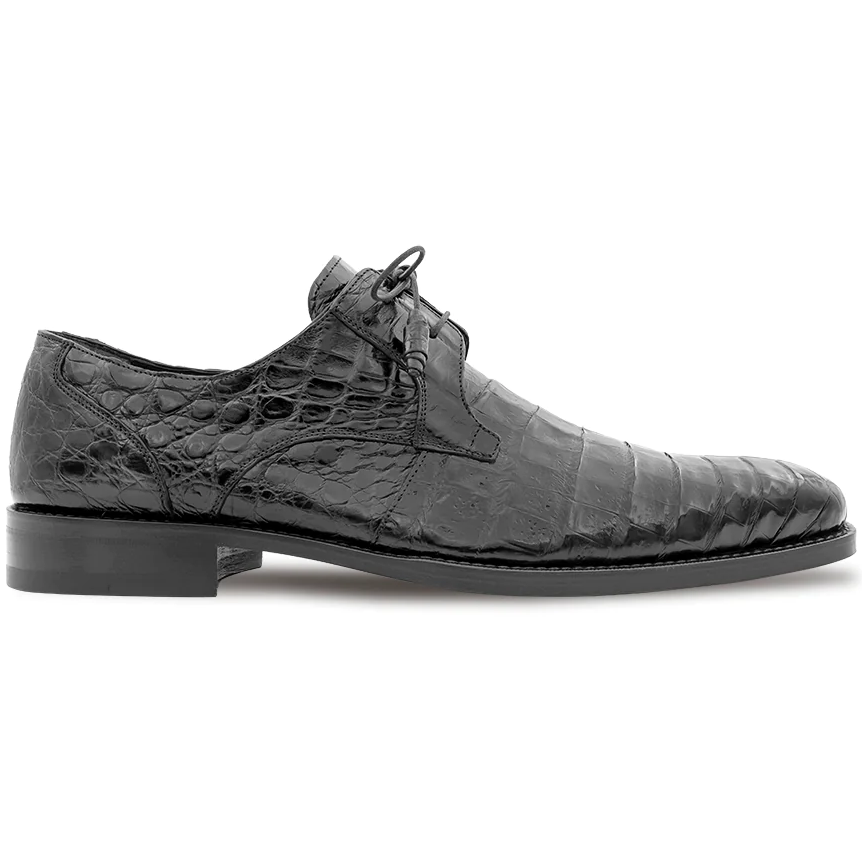 Black Mezlan Anderson derby shoes in crocodile leather. Glossy finish, rounded toe, and decorative lacing. Textured upper with crocodile scale pattern. Flat rubber sole for stability.
