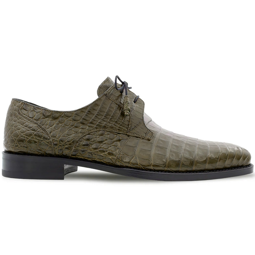 Mezlan Anderson olive crocodile derby shoes. Elongated shape, rounded toe, textured olive crocodile leather upper. Low-profile black rubber sole, minimal lace-up, two eyelets, heel tab.
