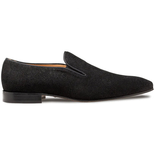 Mezlan Notte: Black glass suede slip-on. Elongated, low-profile silhouette. Textured suede with rounded toe and side slit. Smooth black sole. Streamlined, minimalistic, and formal design.
