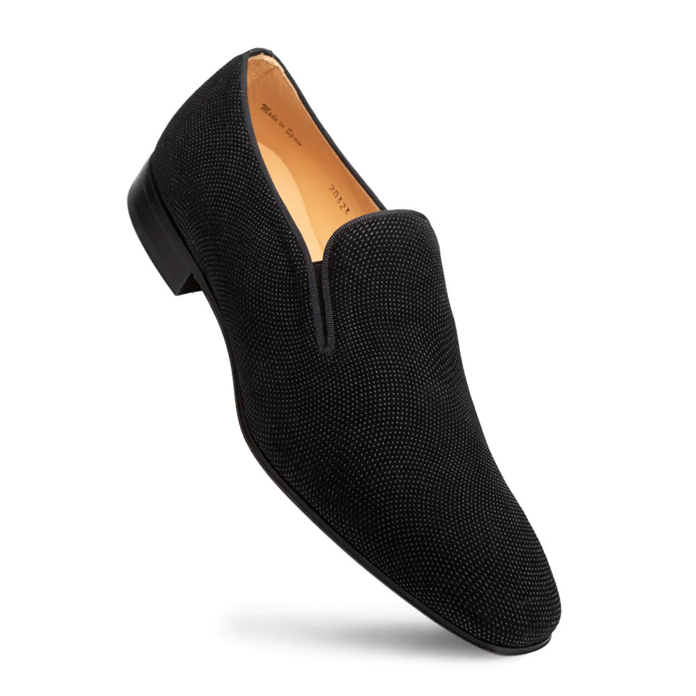 Black Mezlan Notte suede slip-on. Textured upper, rounded toe, low heel. Seamless design with no laces. Light-colored interior lining.
