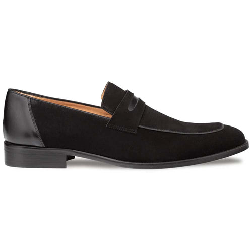 Mezlan Galeno black suede penny loafer. Smooth rounded toe, low stacked heel. Black suede upper, leather heel accent. Classic penny slot design, minimalist silhouette.
