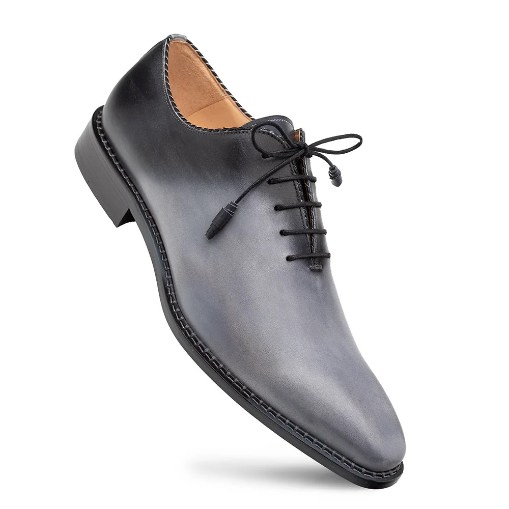 Mezlan Barbaro oxford: Two-tone grey/black leather. Sleek, pointed toe. Gradient color, black laces, stitched edges. Flat, subtly shiny sole.
