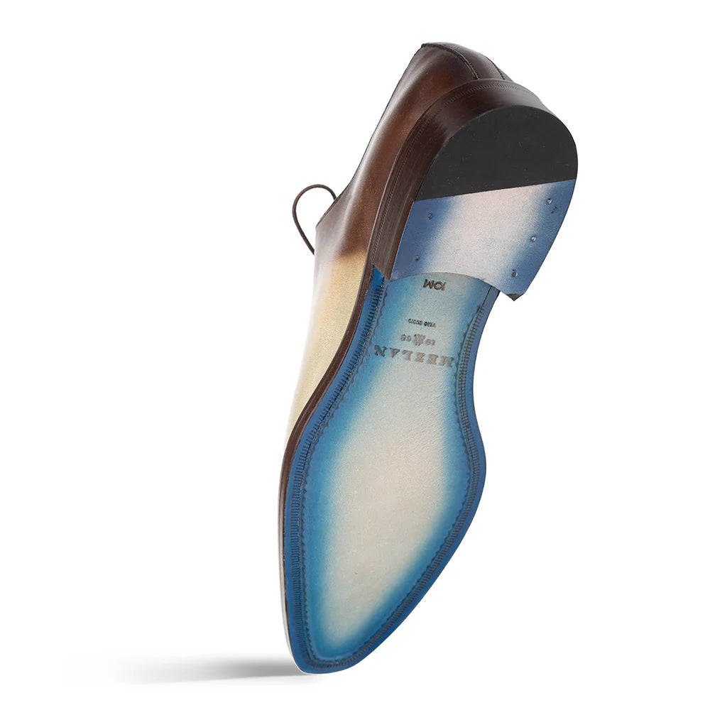 Mezlan Barbaro oxford: two-tone leather (olive green/mocha brown) with rounded toe. Structured sole (light blue interior, slight heel). Polished finish, contrasting colors.
