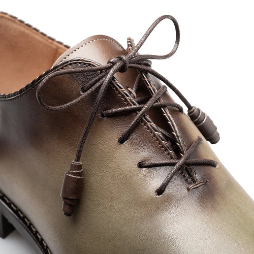 Mezlan Barbaro Two Tone Oxford: Leather oxford with a rounded toe, olive green/mocha brown gradient upper. Features lace-up front, decorative stitching, and a tan leather lining.
