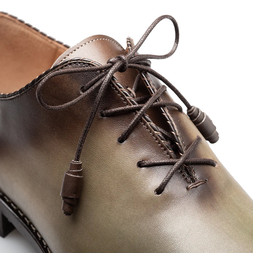 Mezlan Barbaro Two Tone Oxford: Leather oxford with a rounded toe, olive green/mocha brown gradient upper. Features lace-up front, decorative stitching, and a tan leather lining.
