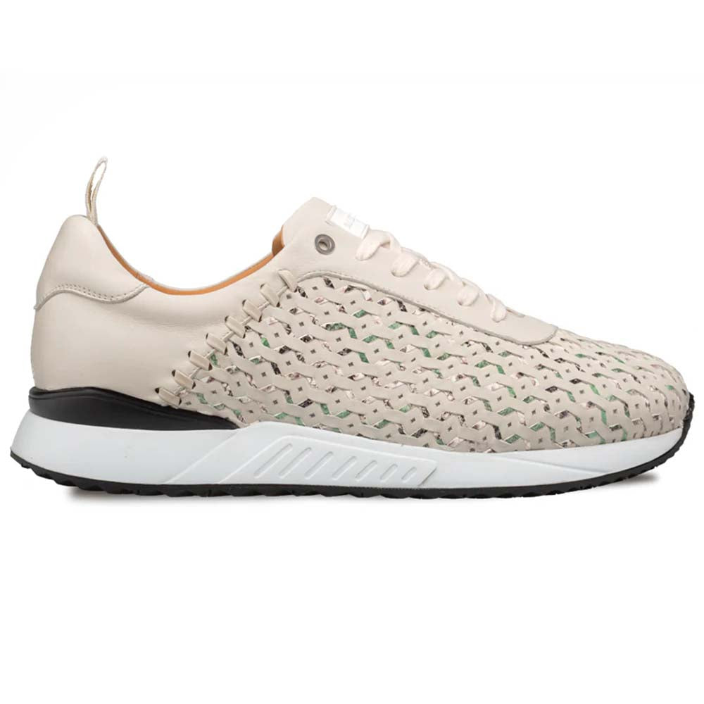 Mezlan Plata Laser Cut Sneaker: Lightweight, multi-colored upper with laser-cut pattern (light green/beige). Rounded toe, black/white textured sole. Leather/synthetic blend. Heel pull loop.
