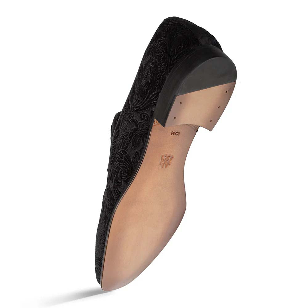 Mezlan Travolta loafer in black velvet, formal style with rounded toe. Features a floral-patterned upper and low heel. Smooth, contrasting leather sole.
