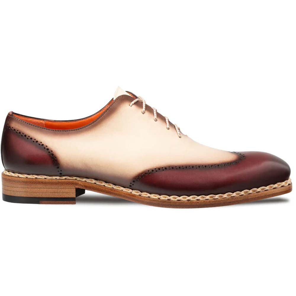 Mezlan Almagro Oxford: Red & bone two-tone leather. Smooth, polished finish with cap-toe and perforations. Stacked wooden heel, braided detail, and flat laces.
