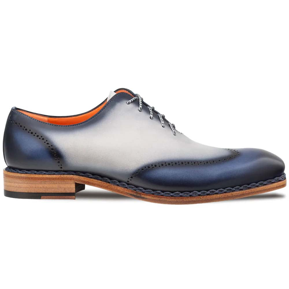 Navy & pearl grey gradient Mezlan Almagro Oxford. Rounded toe, contrasting wooden heel with broguing. Six eyelets, matching laces, orange lining. Distinctive two-tone design.
