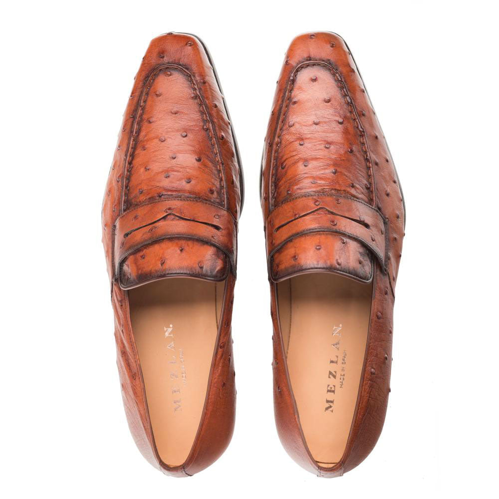 Mezlan Lisbon penny loafers: Brown ostrich quill leather, elongated shape, pointed toe. Classic penny slot design, smooth lining, low stacked heel.
