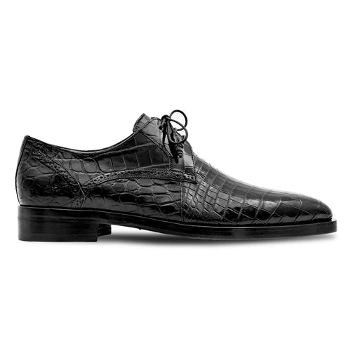 Mezlan Dandy Alligator lace-up in black alligator leather. Shiny texture, distinctive scale pattern. Pointed toe, low stacked heel, thin laces. Formal silhouette.

