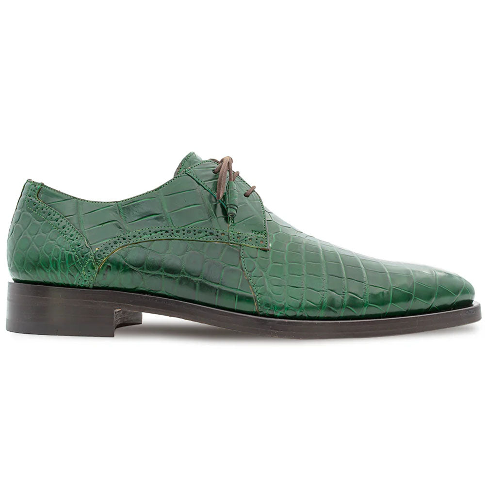 Mezlan Dandy Alligator lace-up shoe in forest green alligator leather with a textured pattern and pointed toe. Features thin brown laces and a dark sole.
