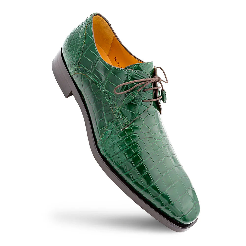 Mezlan Dandy alligator lace-up in forest green. Shiny, textured alligator leather. Pointed toe, raised heel, brown laces, and yellow lining.
