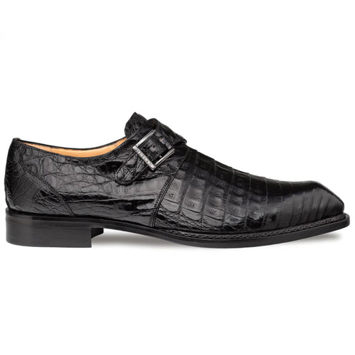 Mezlan Gigolo monk strap shoe: Black crocodile leather with a sleek, pointed design. Features a single strap & metallic buckle. High-gloss finish, textured scales, leather lining, and a raised heel.
