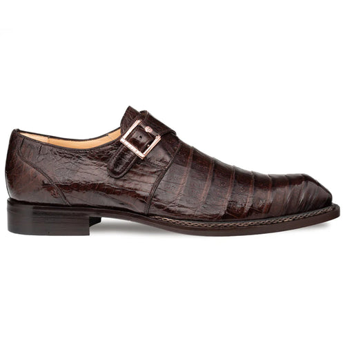 Mezlan Gigolo Monk Strap shoe in brown crocodile pattern. Features a single buckle closure, elongated toe, and flat sole with a subtle heel elevation.
