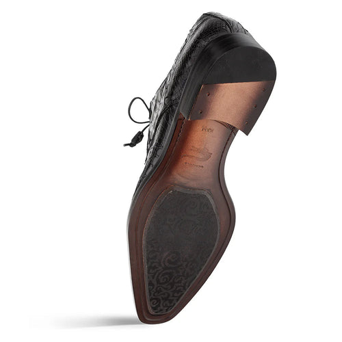 Black Mezlan Cratos Derby, pointed toe, structured silhouette. Black crocodile leather upper with natural scales. Leather sole with patterned detail. Slight heel, lace-up closure for a fitted look.
