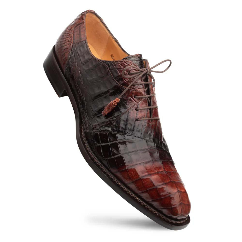 Mezlan Pueblo sport oxfords: dark chocolate-brown crocodile leather, textured upper, pointed toe, lace-up. Dark sole with a slight heel.
