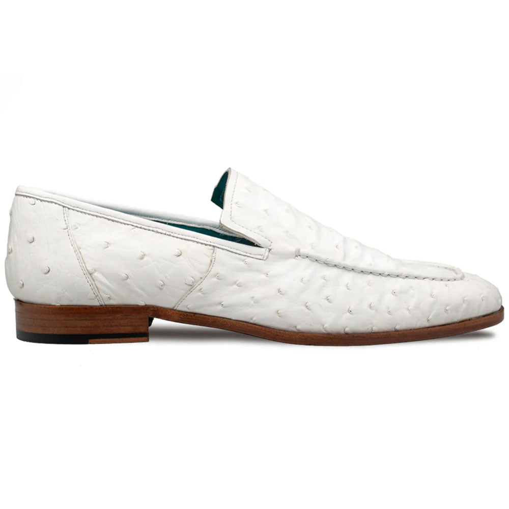 Mezlan Menor slip-on: sleek, minimalist design. White textured ostrich leather with a subtle pattern. Pointed toe, brown wooden heel. Unembellished for a refined look.
