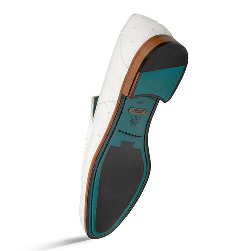 White Mezlan Menor slip-on with textured ostrich leather upper. Features a teal/brown/black sole. Flat, rounded toe & low-profile design. Visible side stitching.
