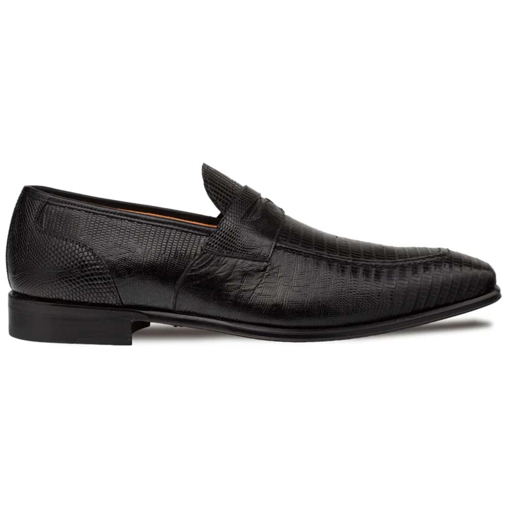 Mezlan Mayor loafer. Black, textured lizard skin with low heel and pointed toe. Classic slip-on design with saddle detail. Stylish and sophisticated.
