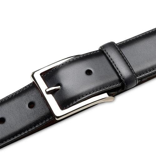 Mezlan's classic black calfskin belt. Smooth, shiny finish with silver buckle and subtle edge stitching. Adjustable with a 1.5-inch width, perfect for a polished look.