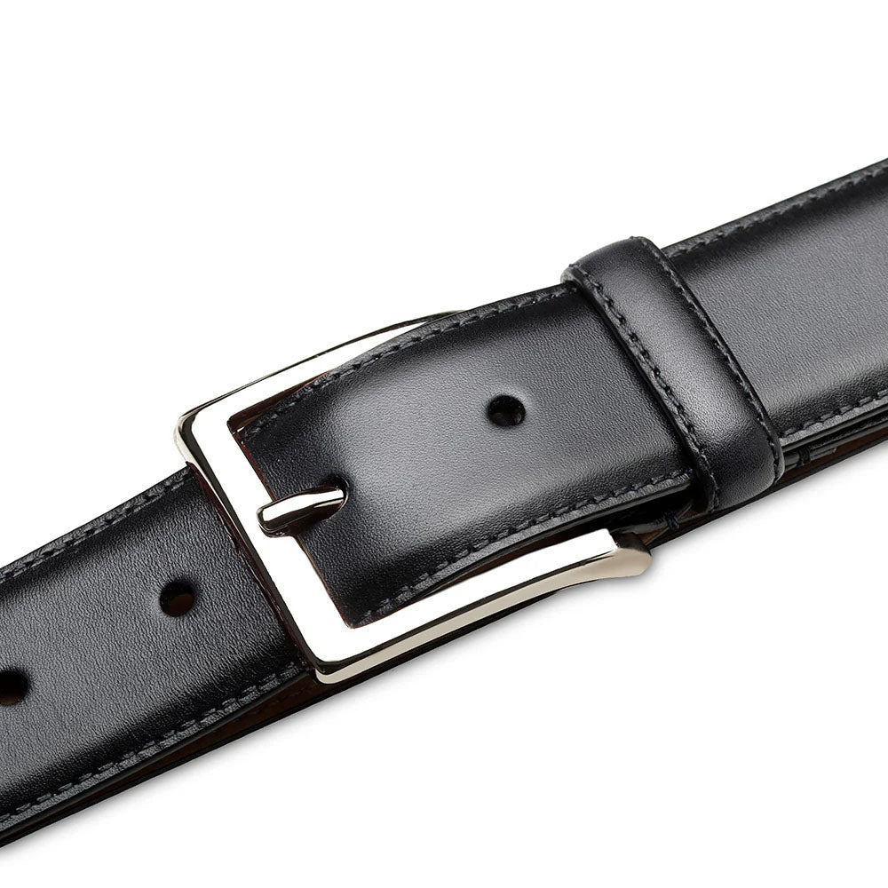 Mezlan's classic black calfskin belt. Smooth, shiny finish with silver buckle and subtle edge stitching. Adjustable with a 1.5-inch width, perfect for a polished look.