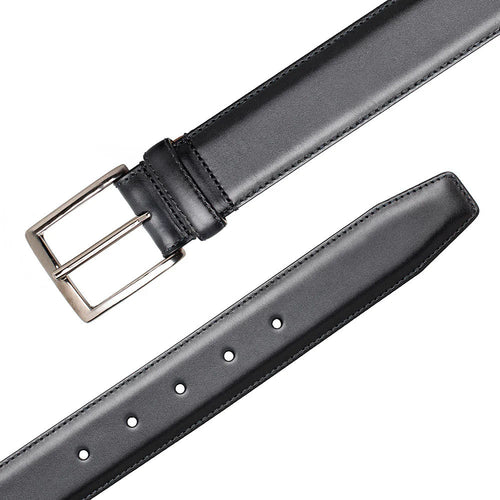 Black Mezlan calfskin belt with a smooth patina. Silver rectangular buckle. Adjustable with evenly spaced holes and a tapered end. Neat stitching. Classic design.
