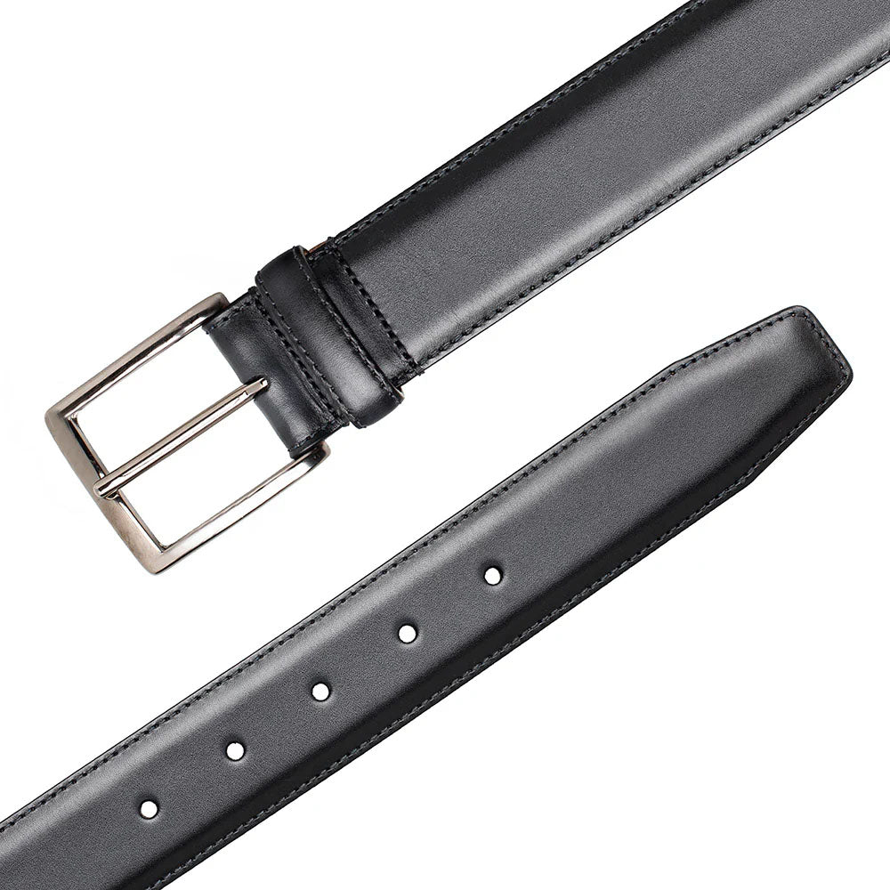 Black Mezlan calfskin belt with a smooth patina. Silver rectangular buckle. Adjustable with evenly spaced holes and a tapered end. Neat stitching. Classic design.
